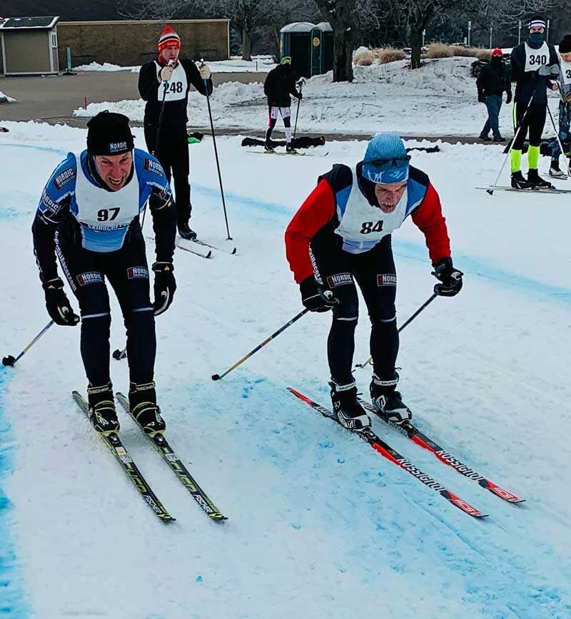 Mike Muha passes Tony Percha in the Krazy Classic cross country ski race