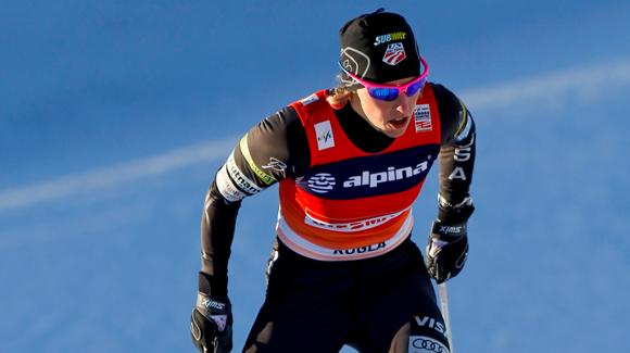 Kikkan Randall of the U.S. finished 12th in the World Cup skiathlon event Saturday in Lahti, Finland. She sits fourth in the World Cup standings and is shown here during competition in Rogla, Slovenia. (Getty Images/Agence Zoom - Stanko Gruden) 