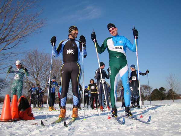 Straits Strider Karl Trost from Cheboygan and Team NordicSkiRacer Jon Morgan from Milford chat in the final seconds before the start of the Huron Meadows Invitational (aka 