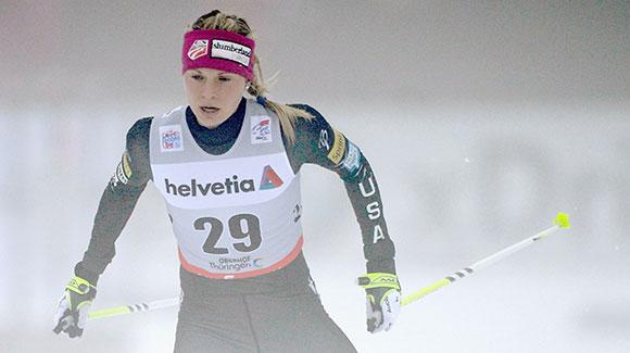 Jessie Diggins (shown racing in the Tour de Ski) was 14th in a 10k freestyle Sunday in Davos. (Getty Images/Bongarts)
