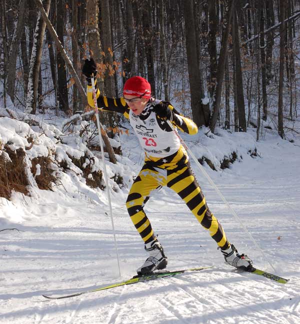 Andrew Bruning, a junior, duking it out with the seniors for an overall second place in the cross country ski race series