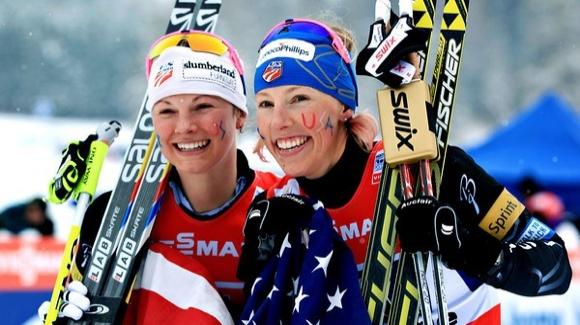 Kikkan Randall (right) and Jessie Diggins (left) take gold in the team sprint at the FIS Nordic World Ski Championships in Val di Fiemme. (U.S. Ski Team - Sarah Brunson)
