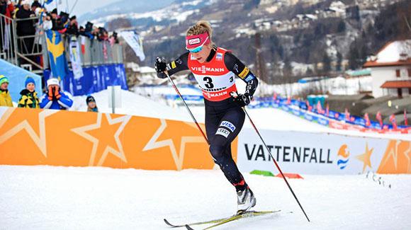 Sadie Bjornsen (shown here skiing at World Championships) raced to 18th in the 10k classic at Lahti for a career best distance finish. (U.S. Ski Team - Sarah Brunson)