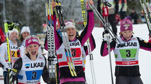  	 The U.S. Ski Team's women's relay team, shown here after an historic podium in Sweden earlier this season, is expected to challenge for a medal at the FIS Nordic Ski World Championships in Val di Fiemme. (Getty Images/AFP)