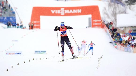World Cup sprint champion Kikkan Randall, seen here at World Championships, skied into 18th place in the FIS World Cup 15k freestyle race Saturday, securing the top spot for the USA. (Sarah Brunson/U.S. Ski Team)