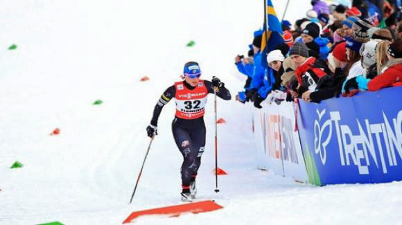 Kikkan Randall finished fifth in the women’s classic sprint, keeping up with the fast heat and crushing the brutal uphill finish in Drammen, Norway on Wednesday. Here she is sprinting at World Champs. (Sarah Brunson/U.S. Ski Team) 