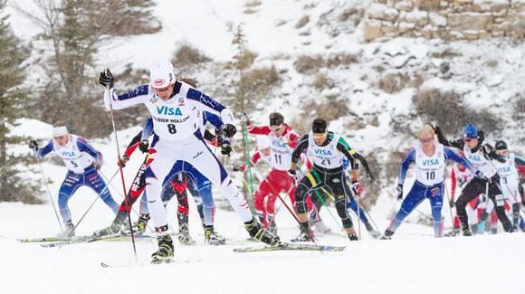 Sylvan Ellefson leads the pack en route to gold in the men's 30k freestyle mass start at the U.S. Cross Country Championships at Soldier Hollow. (U.S. Ski Team - Sarah Brunson)