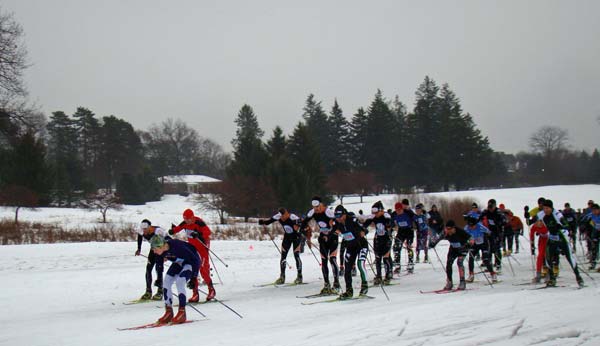 Start of the men's 15K skate at the Frosty Freestyle cross country ski race