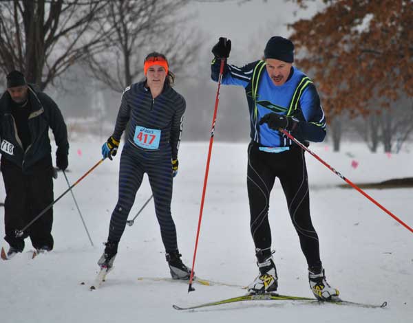 Gregory Edmond, Rebecca Davis, and Frank Rynalski race the REI Frosty Freestyle XC Ski race