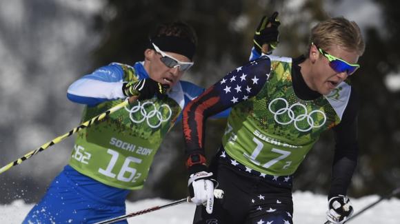 Erik Bjornsen (right) anchored Team USA with Simi Hamilton to ski into sixth place Wednesday during the men’s team sprint classic of the 2014 Sochi Olympic Winter Games. (Getty Images/AFP/Odd Andersen)