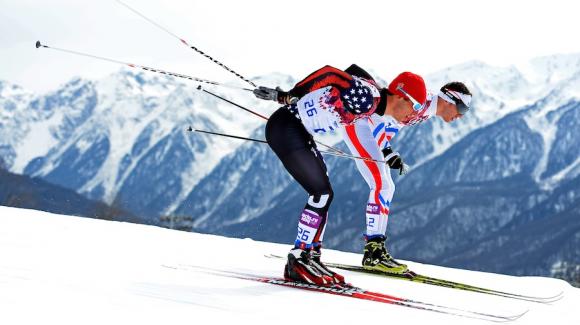 Noah Hoffman skied into the top spot for the USA Sunday, finishing 35th in the Olympic skiathlon at the Laura Cross Country Ski Center. (Getty Images/Harry How)