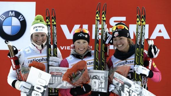 Two-time World Cup champion Kikkan Randall made a statement Saturday with rookie teammate Sophie Caldwell as the two took first and third at the Lahti World Cup sprints, the first-ever double podium for U.S. women. (Getty Images/AFP/Heikki Saukkomaa)
