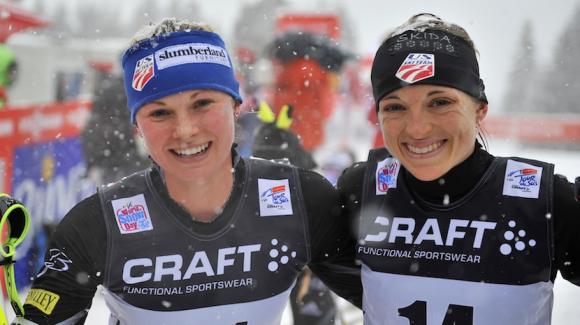 Jessie Diggins and Liz Stephen in the finish Sunday in Val di Fiemme, Italy after Stephen posted the USA's best overall Tour de Ski finish in history with seventh, skiing to the third-fastest time of the day up the 9k Alpe Cermis hill climb finale. (Getty Images/Agence Zoom/Vianney Thibaut)