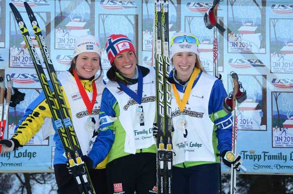 (L to R) Ulrika Axelsson (2nd), Heidi Halvorsen (1st), and Kelsey Phinney (3rd) on the podium for classic sprint at the 2014 Junior National Cross Country Ski Championships