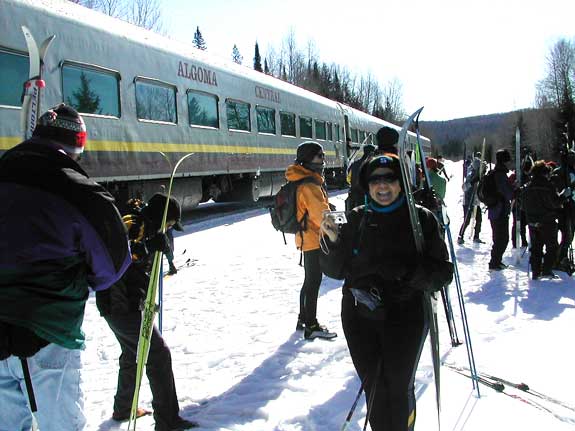 Getting of the train at the Wabos Loppet cross country ski tour