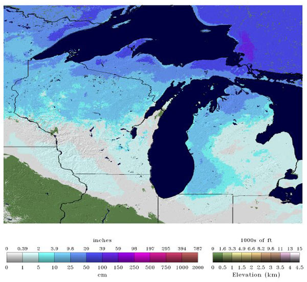 Snow depths in the great lakes region January 24, 2013
