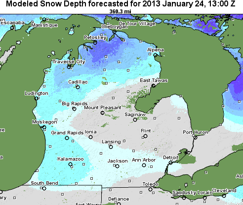Snow depth in Michigan January 24, 2013