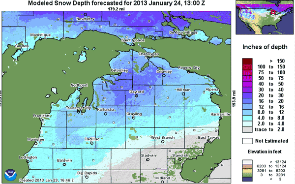 Snow depth in Northern Michigan January 24, 2013