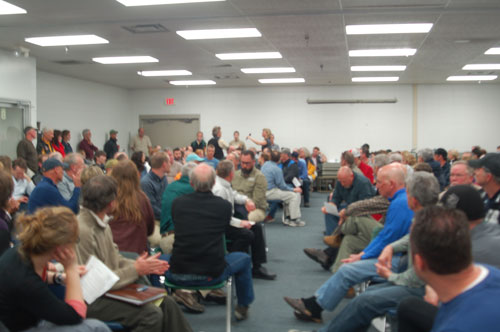 Standing room only at the DNR public meeting on mixed uses of the Vasa Pathway at the Grand Traverse County Civic Center on Monday, April 28, 2014. Credit Sara Hoover