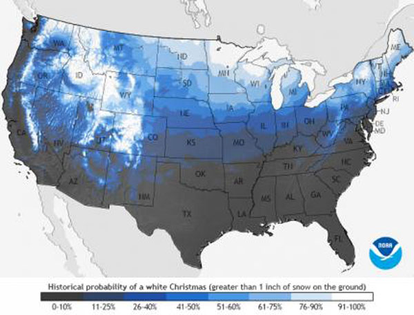 Historical probability of a White Christmas in the US