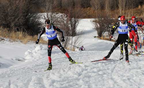 Billy Demong leads the pack as he charges towards the lead. (U.S. Ski Team)