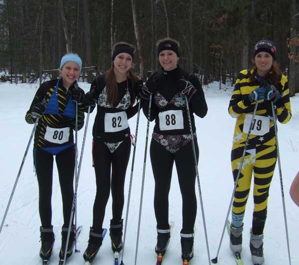 Girls in swimsuits at the 201 Muffin corss coutnry ski race