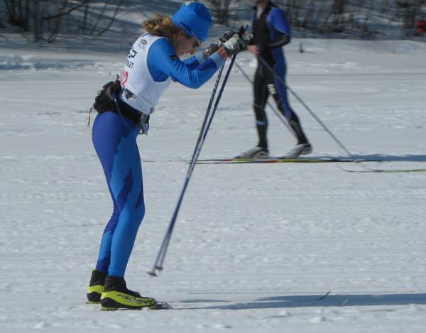 Tracy Hardin double poles to the finish of the 2010 Black Mountain Classic cross country ski race
