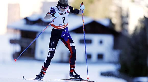 Liz Stephen skis to a strong 12th place finish in a 10k freestyle in Davos. (Getty Images/AFP-Pierre Teyssot)