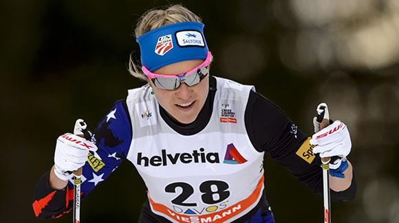Sadie Bjornsen joined a pack of three U.S. women who skied into the low 20s in a 10k classic race in Davos. (Getty Images/AFP-Fabrice Coffrini)