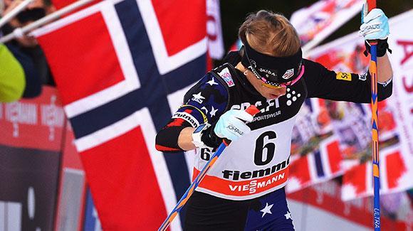 Liz Stephen (racing earlier this season at the Tour de Ski) led the U.S women today with a 9th place finish at the Holmenkollen 30K Freestyle World Cup. (Getty Images)