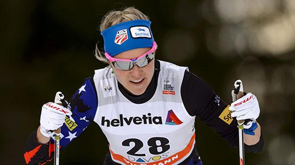 Sadie Bjornsen, shown racing earlier this season in Davos, led the USA finishing 15th in a classic sprint in Otepää. (Getty Images/AFP-Fabrice Coffrini)