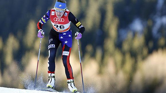 Sophie Caldwell, shown here racing in Davos, skied to a seventh place finish to lead the USA in Val Mustair. (Getty Images/Agence Zoom)