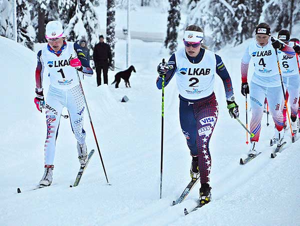 Sophie Caldwell (left) and Jessie Diggins charge hard during a classic sprint in Gaellivare. (U.S. Ski Team)