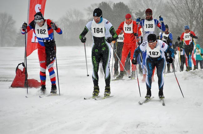 Jay Woodbeck, John O'Hearn, and Milan Baic start the Krazy Klassic cross country ski race