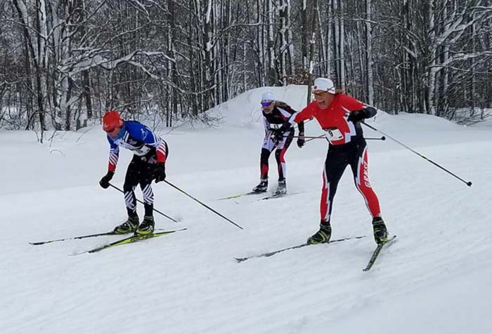 Cliff Onthank, Don Camp, and Greg Worsnop fit for the finish at the 2016 Lakes of the North Winterstart xc ski race