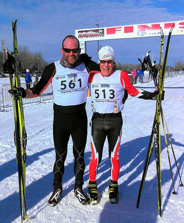 Bob Smith and Don Camp at the finish of the 2016 Noquemanon Ski Marathon
