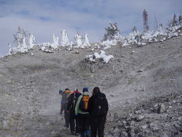 1-29 Yellowstone 648 Arden's caution, walking among vents, with ghost trees peering down on us