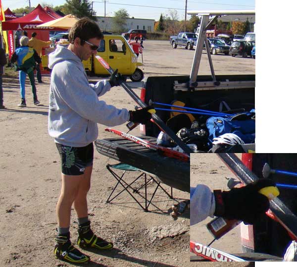 Glenn Goodman applies Lemon Pledge to his cross country ski racing skis