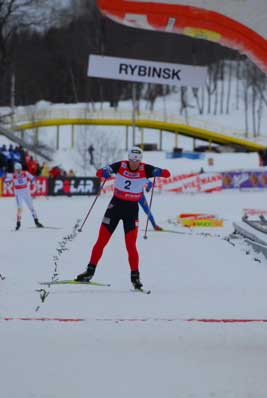 Kikkan Randall wins the cross country ski sprint event at the Wolrd Cup in Rybinsk, Russia
