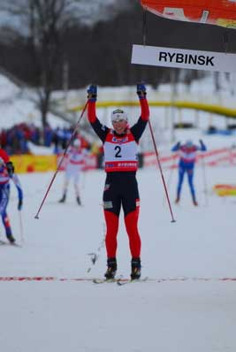 Kikkan Randall wins the cross country ski sprint event at the Wolrd Cup in Rybinsk, Russia