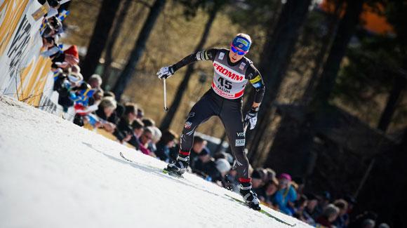 	 Kikkan Randall skates up a hill during the prologue at World Cup Finals in Falun. (Getty Images/AFP-Jonathan Nackstrand)