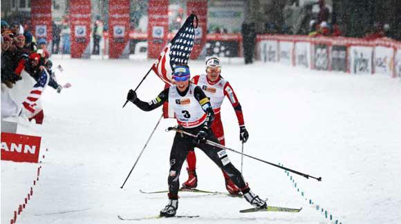 Kikkan Randall celebrates a weekend sweep, winning again in Quebec City. (Reese Brown)