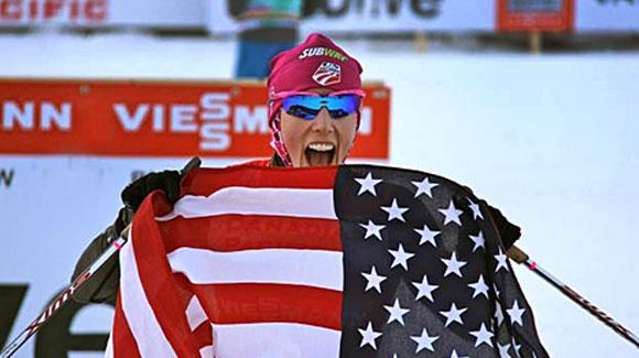 Kikkan Randall is all smiles after finishing second in a FIS World Cup freestyle sprint in Canmore, moving her into second in the overall World Cup standings. (Robert Whitney)