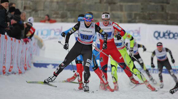 Kikkan Randall leads the last lap to the finish as she and Jessie Diggins scored an historic win in the Quebec City World Cup team sprint. (Reese Brown)