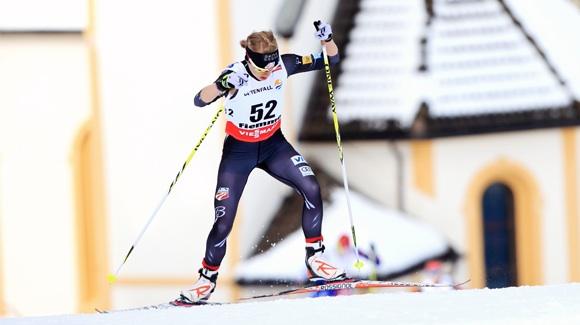 Liz Stephen powering into the top five in the 10k individual skate at the FIS World Nordic Ski Championships. (U.S. Ski Team - Sarah Brunson)