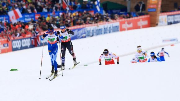 After stage three of four in the mini-tour, Kikkan Randall remained in her third overall position as the tour heads into its finale on Sunday in Falun, Sweden. Here she is (black) at World Champs. (Sarah Brunson/U.S. Ski Team)