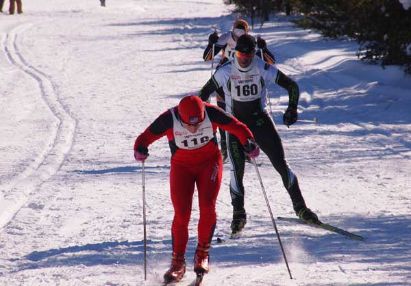 The lead men finish the Fobush Corner 17K cross country ski race