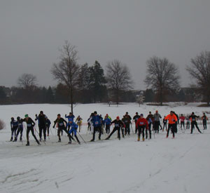5k men's start at the Frsoty Freestyle xc ski race