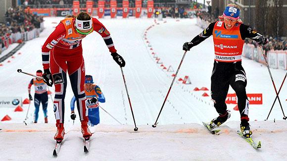 Kikkan Randall loses out by a boot with a semi-final lunge in a classic sprint at Drammen, Norway. Randall finished seventh, but clinched her third straight FIS World Cup sprint title with just one mini-tour sprint remaining next week in Falun. (Jarl Robert Christensen/Digitalsport)
