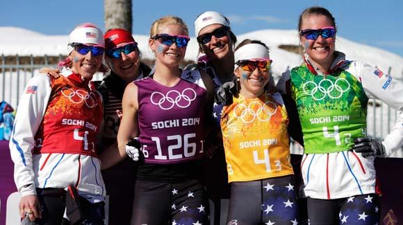  Kikkan Randall, Jessica Diggins, Elizabeth Stephen and Sadie Bjornsen pose after competing in the Women's 4 x 5 km Relay during day eight of the Sochi 2014 Winter Olympics (Adam Pretty/Getty Images)